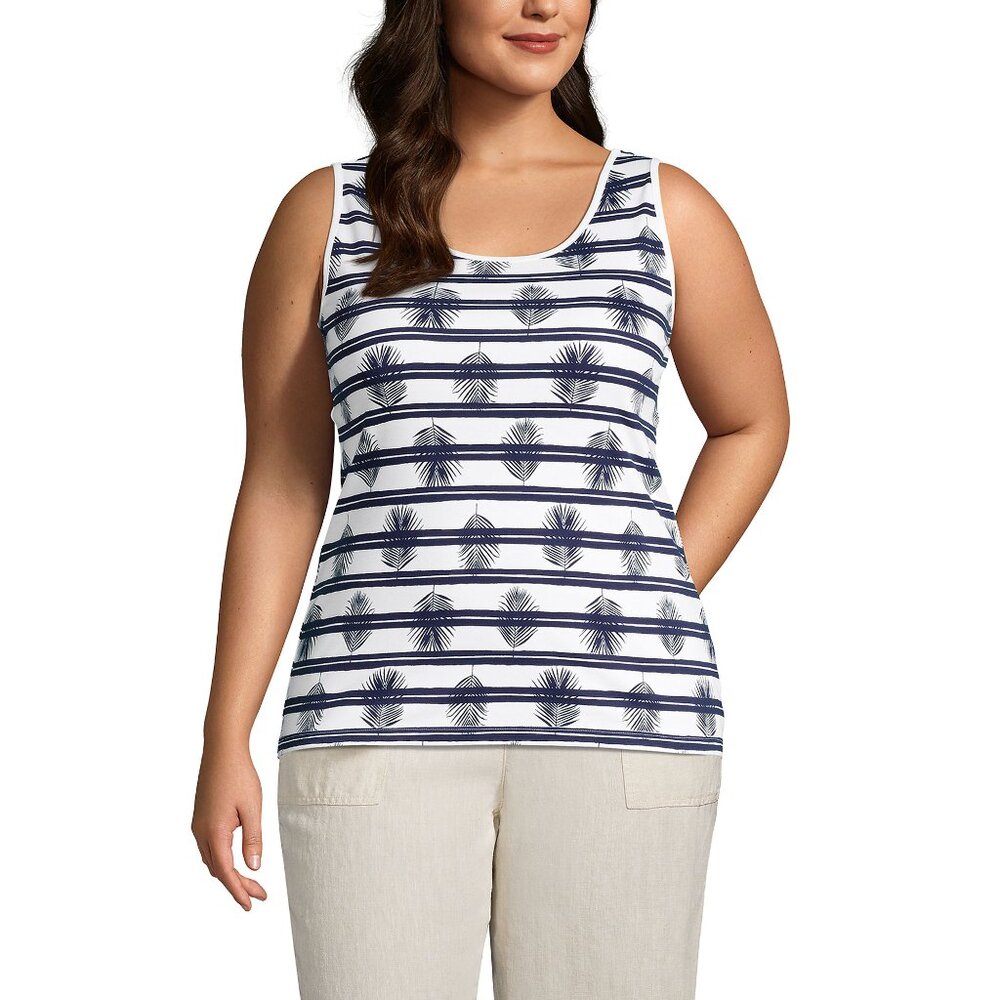 Lands End Women's Cotton Tank Top 100% Cotton White with Navy Blue Stripes sz 1X